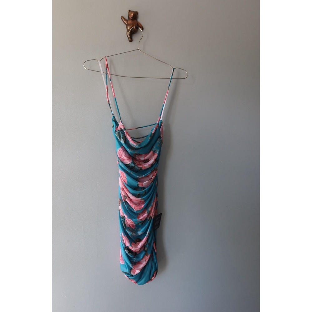 Floral Ruched‎ Bodycon Midi Dress Teal Pink Mesh Sleeveless Spaghetti Strap Sz M